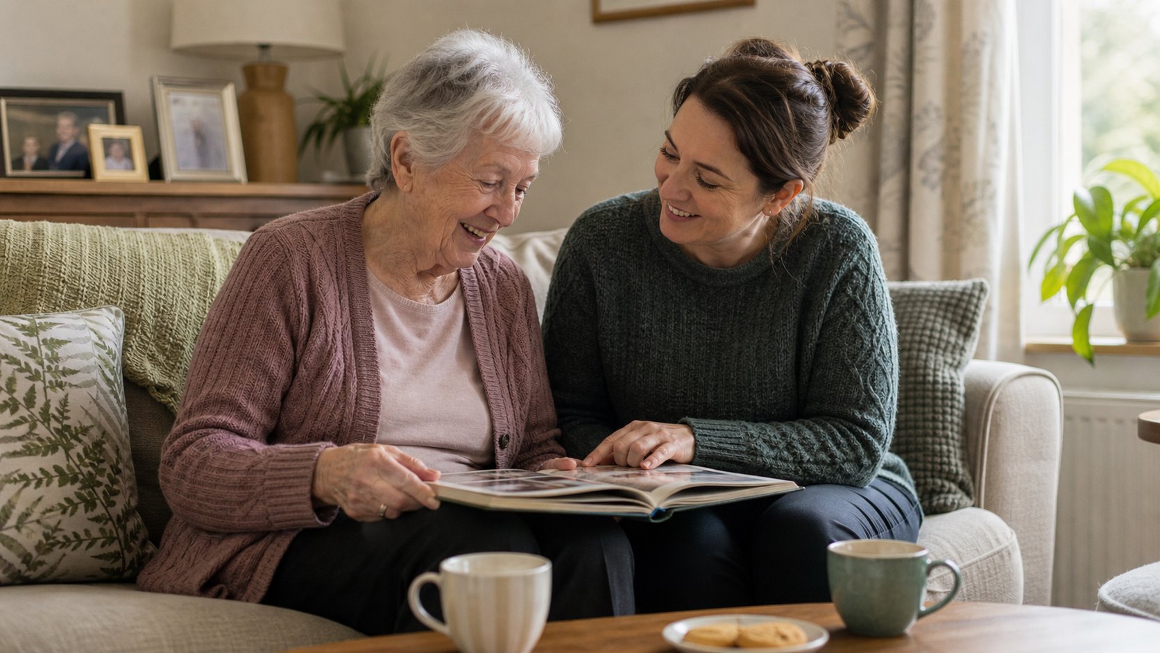 Two friendly care workers in soft uniforms